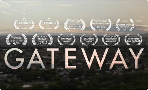 Promotional image for the film Gateway with a cityscape background and festival laurels for awards.